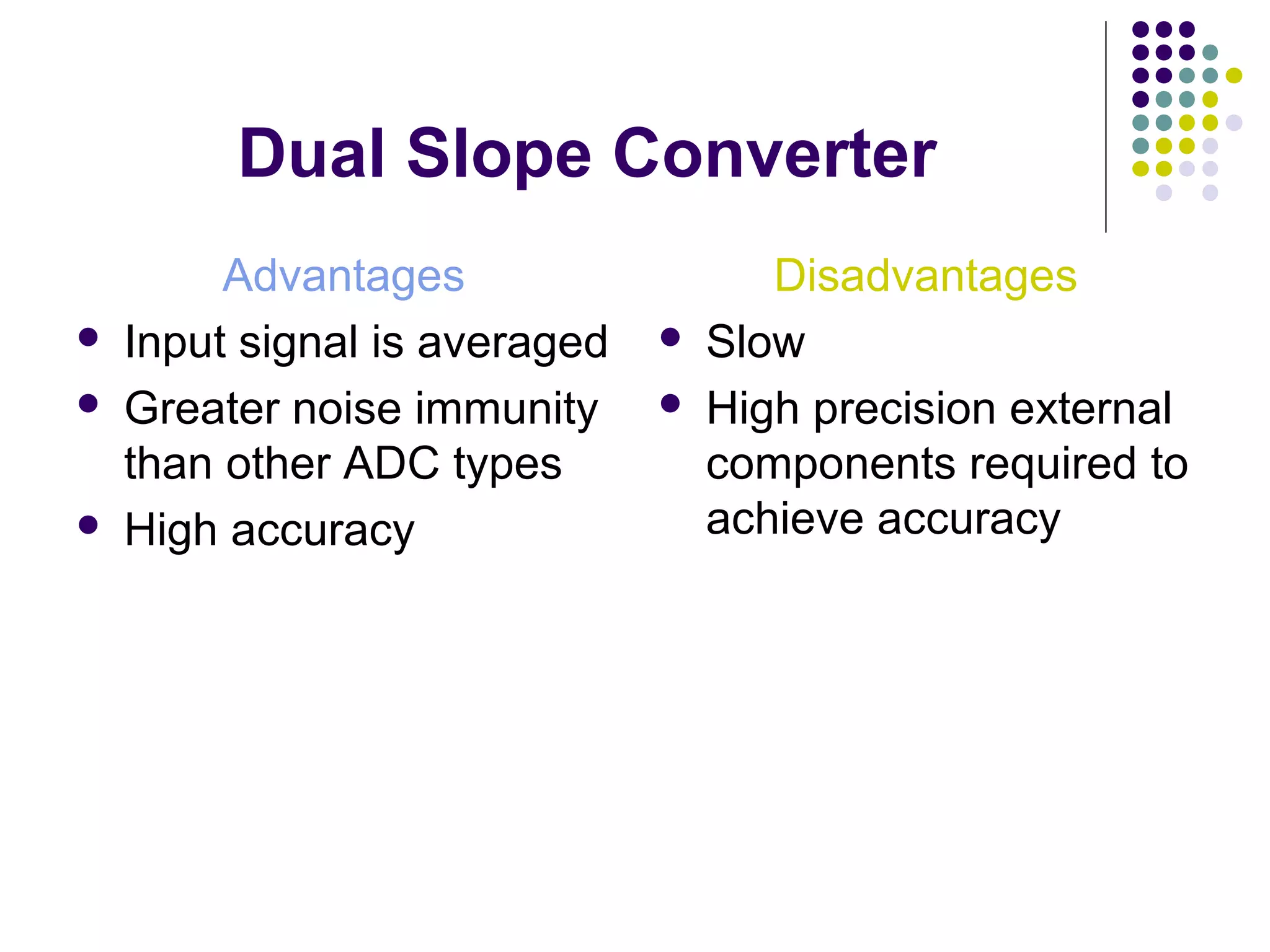 Dual Slope Converter
Advantages
 Input signal is averaged
 Greater noise immunity
than other ADC types
 High accuracy
Disadvantages
 Slow
 High precision external
components required to
achieve accuracy
 