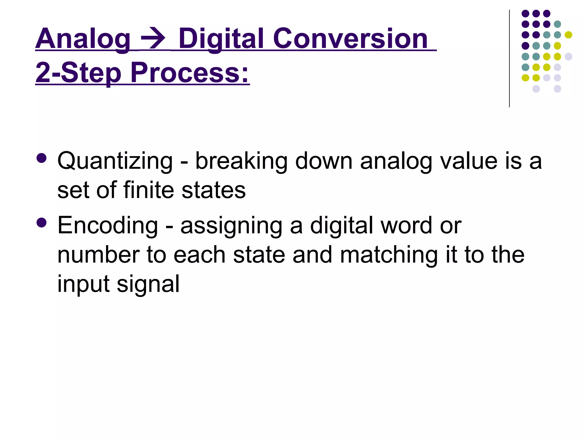 Analog  Digital Conversion
2-Step Process:
 Quantizing - breaking down analog value is a
set of finite states
 Encoding - assigning a digital word or
number to each state and matching it to the
input signal
 