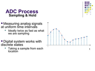 ADC Process
t
Sampling & Hold
Measuring analog signals
at uniform time intervals
 Ideally twice as fast as what
we are sampling
Digital system works with
discrete states
 Taking a sample from each
location
Reflects sampled and hold
signal
 Digital approximation
 