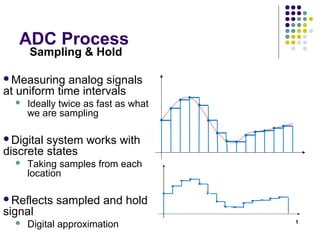 ADC Process
t
Sampling & Hold
Measuring analog signals
at uniform time intervals
 Ideally twice as fast as what
we are sampling
Digital system works with
discrete states
 Taking samples from each
location
Reflects sampled and hold
signal
 Digital approximation
 