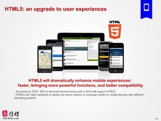 HTML5: an upgrade to user experiences HTML5 will dramatically enhance mobile experiences:  faster, bringing more powerful ...