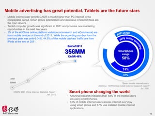Mobile advertising has great potential. Tablets are the future stars <ul><li>Mobile internet user growth CAGR is much high...