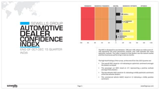 sewellsgroup.comPage 5
AUTOMOTIVE
DEALER
CONFIDENCE
END OF 15 QUARTER
INDIA
OCT-DEC
INDEX
SEWELLS GROUP
The ADCI is designed to vary between -100 and +100, where an index score of -
100 represents the most pessimistic outlook, and +100 indicates the most
optimistic outlook. The index is based on how dealers see the overall market
andtheirbusinessesperforminginnextsixmonths
Thehighlevelfindingsofthesurvey attheendofOct-Dec2015quarterare:
§ The overall ADCI stood at +14 indicating an optimistic sentiment amongst
thedealerssurveyed.
§ The passenger car ADCI stood at +17, representing a positive outlook
amongstthesedealers.
§ ThetwowheelerADCIstoodat+9,indicatingamildlyoptimisticsentiment
ofthetwowheelerdealers.
§ The commercial vehicle AADCI stood at +2 indicating a mildly positive
sentiment.
 