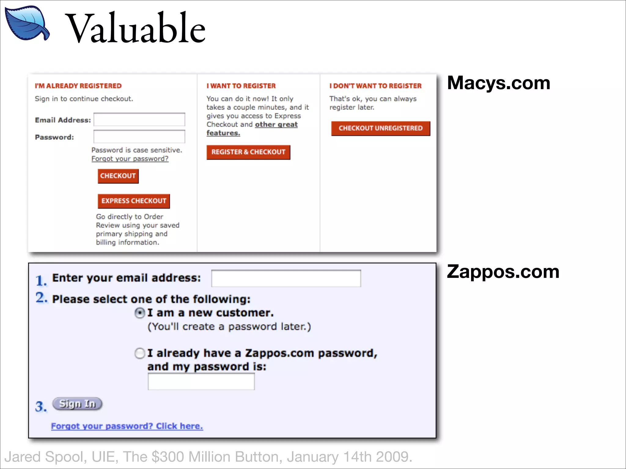 Valuable
                                                                Macys.com




                                                                Zappos.com




Jared Spool, UIE, The $300 Million Button, January 14th 2009.
 