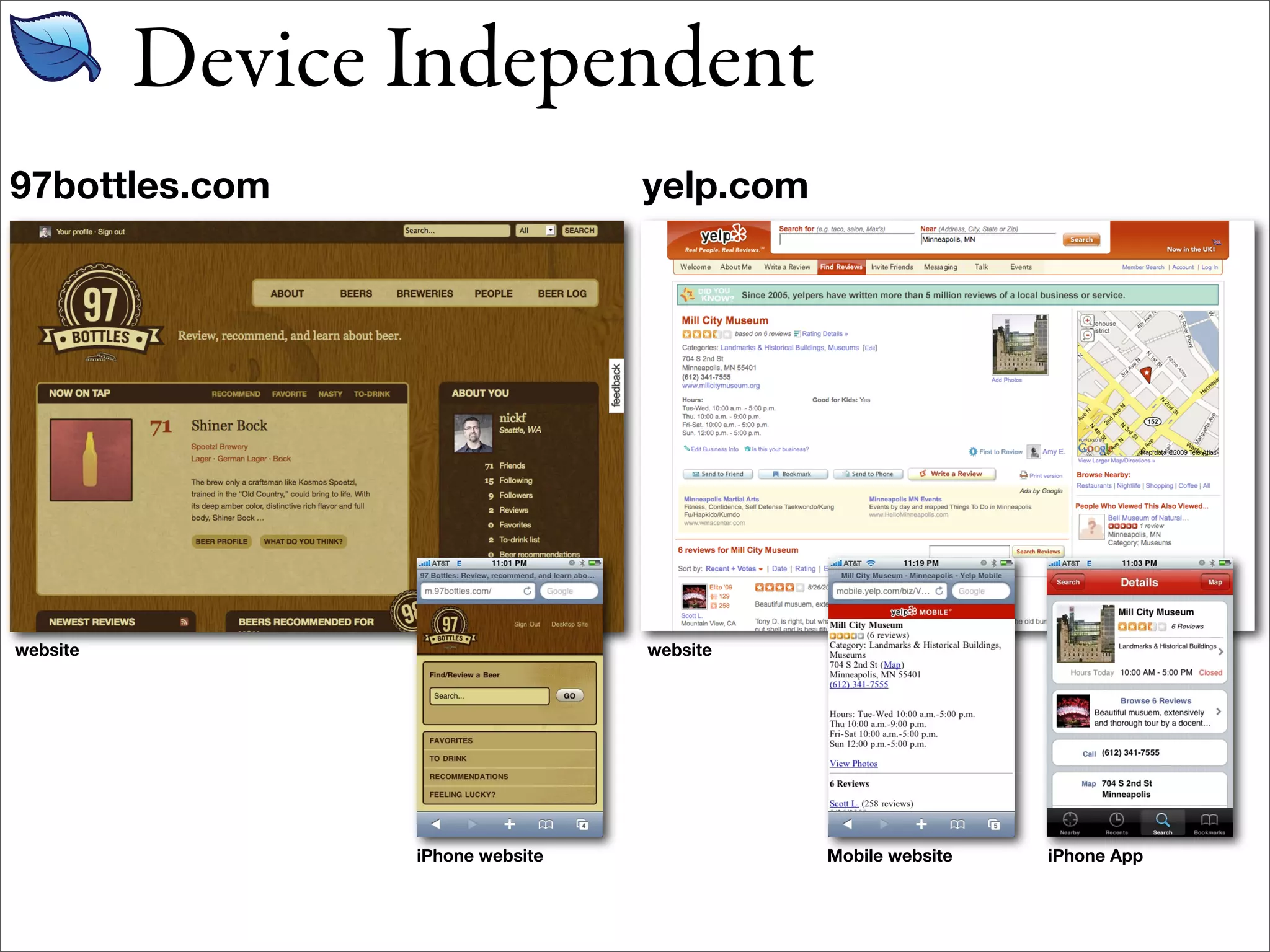 Device Independent
97bottles.com                     yelp.com




website                           website




                 iPhone website              Mobile website   iPhone App
 