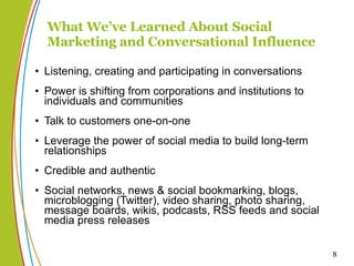 What We’ve Learned About Social Marketing and Conversational Influence Listening, creating and participating in conversations Power is shifting from corporations and institutions to individuals and communities Talk to customers one-on-one  Leverage the power of social media to build long-term relationships Credible and authentic Social networks, news & social bookmarking, blogs, microblogging (Twitter), video sharing, photo sharing, message boards, wikis, podcasts, RSS feeds and social media press releases 