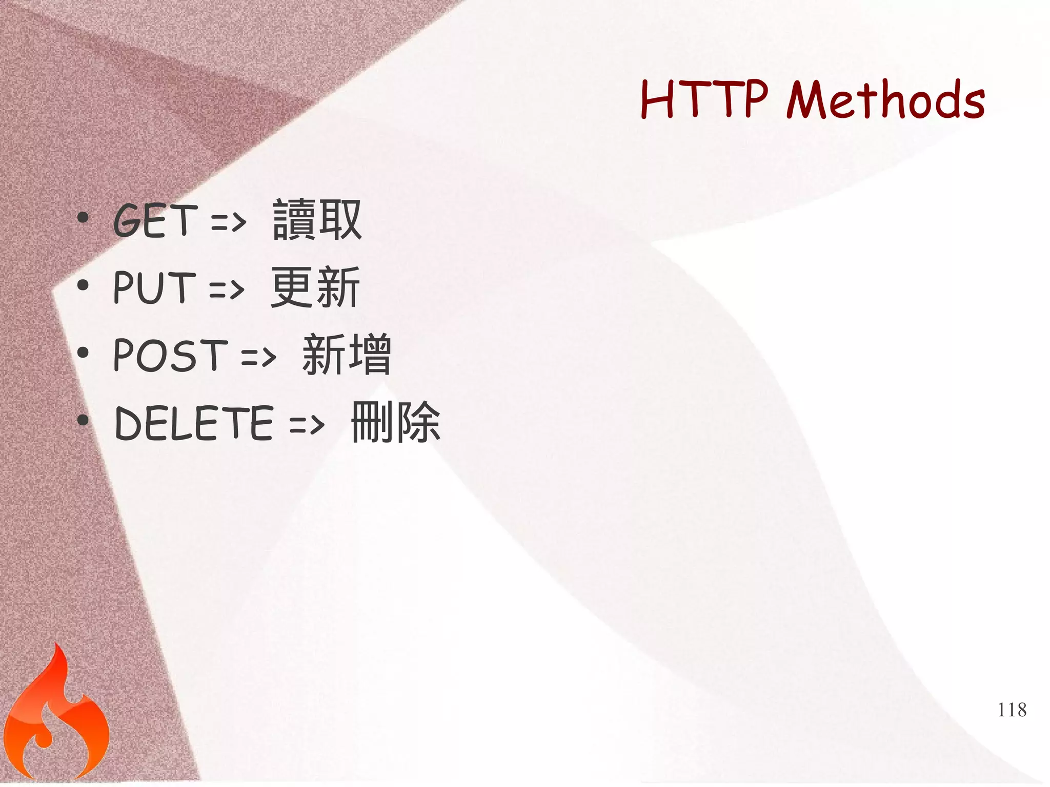 118 
HTTP Methods 
● GET => 讀取 
● PUT => 更新 
● POST => 新增 
● DELETE => 刪除 
 