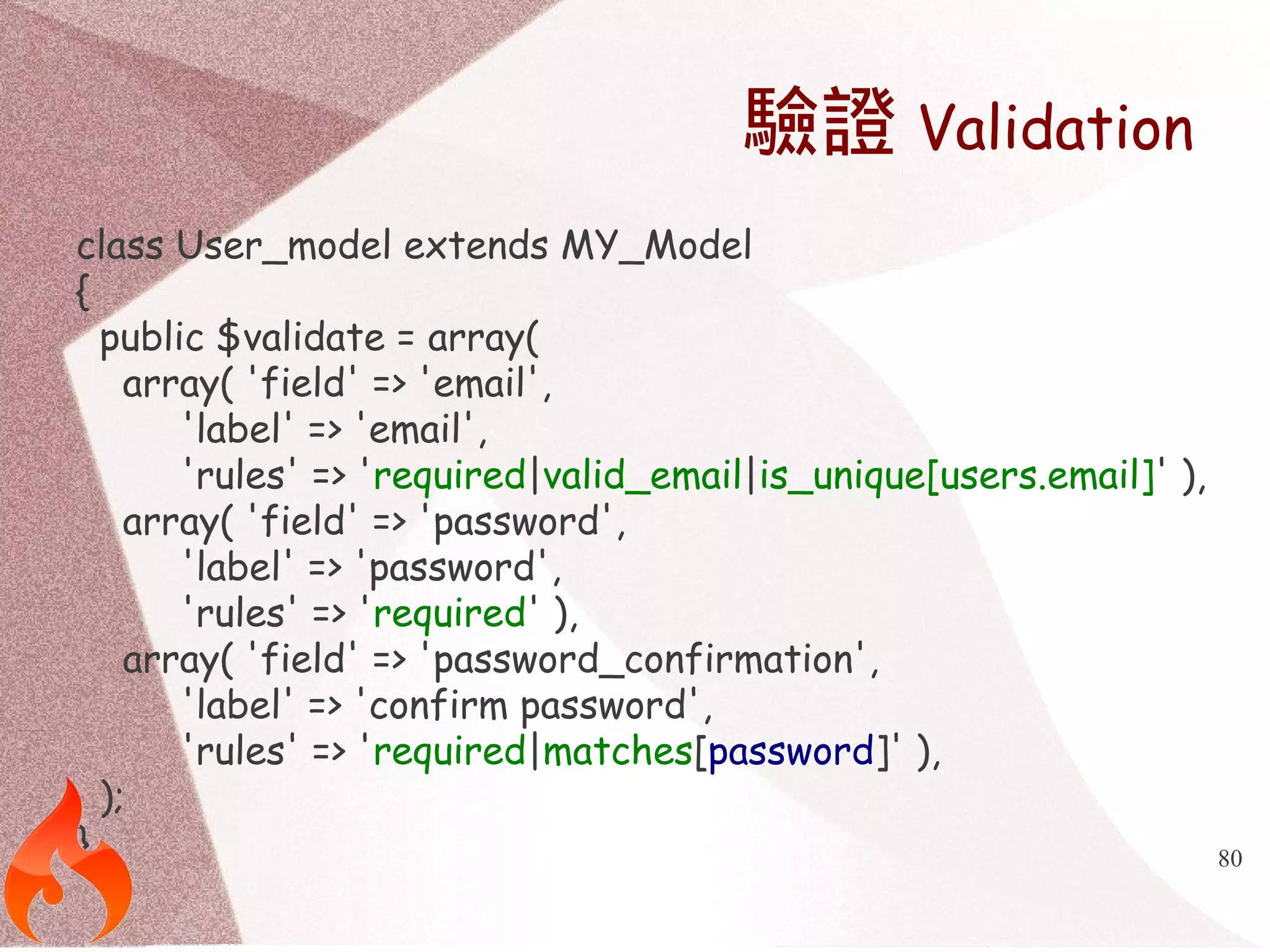 80 
驗證Validation 
class User_model extends MY_Model 
{ 
public $validate = array( 
array( 'field' => 'email', 
'label' => 'email', 
'rules' => 'required|valid_email|is_unique[users.email]' ), 
array( 'field' => 'password', 
'label' => 'password', 
'rules' => 'required' ), 
array( 'field' => 'password_confirmation', 
'label' => 'confirm password', 
'rules' => 'required|matches[password]' ), 
); 
} 
 