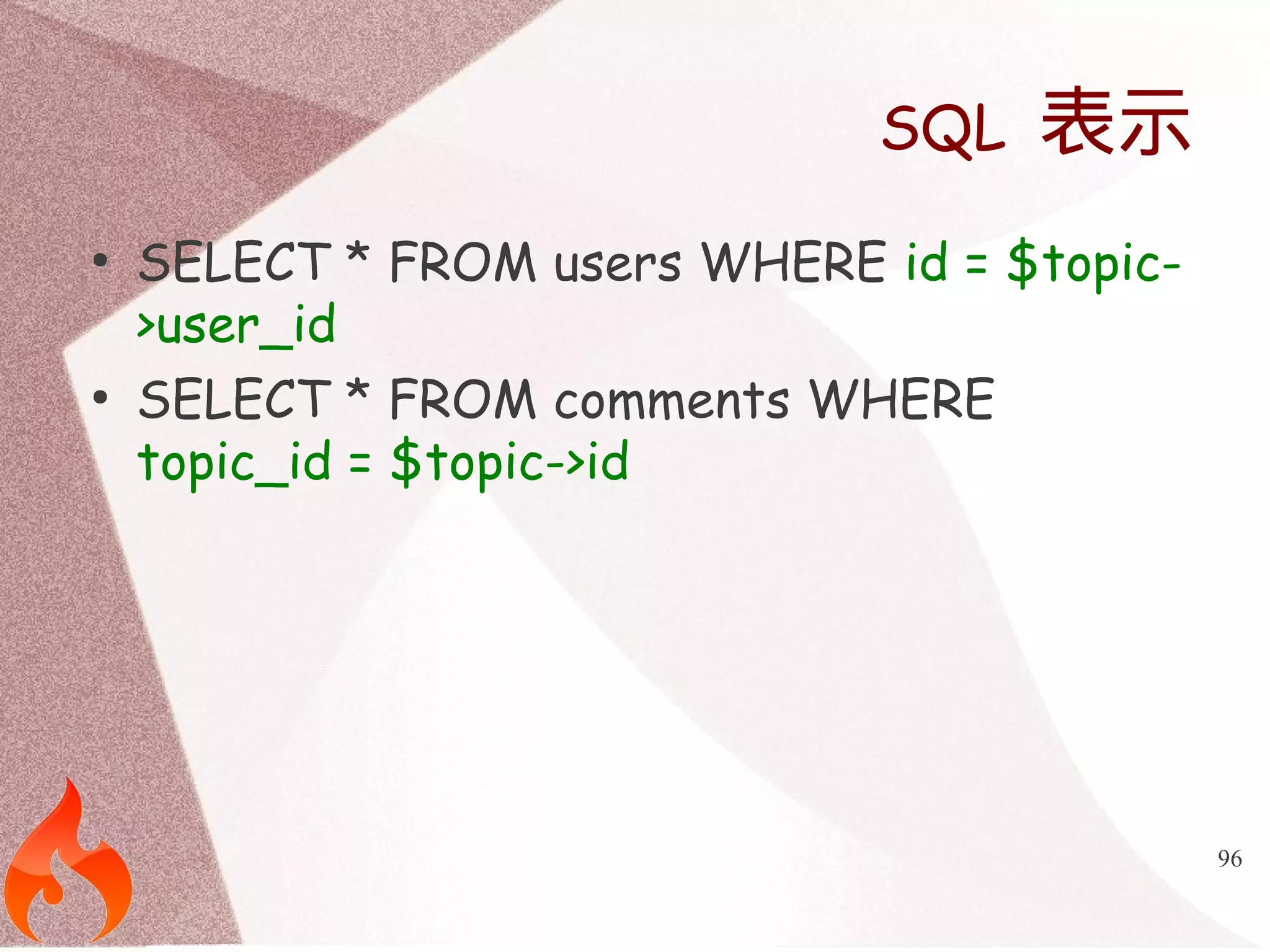 96 
SQL 表示 
● SELECT * FROM users WHERE id = $topic- 
>user_id 
● SELECT * FROM comments WHERE 
topic_id = $topic->id 
 