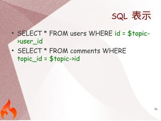 96 
SQL 表示 
● SELECT * FROM users WHERE id = $topic- 
>user_id 
● SELECT * FROM comments WHERE 
topic_id = $topic->id 
 