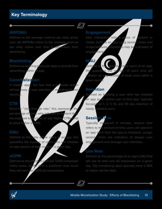 10Mobile Monetization Study: Effects of Blacklisting
Key Terminology
ARPDAU
Defined as the average revenue per daily active
user. Ad ARPDAU refers to the average revenue
per daily active user that is generated from
advertising.
Blacklisting
Defined as banning particular apps or brands from
advertising within an app.
Cannibalization
In mobile apps, the fear that a particular action
will eat away at user retention or overall publisher
revenue.
CTR
Short for “click-through rate,” this represents the
percentage of users who will click on content they
are exposed to (such as an ad). Higher CTRs tend
to drive higher eCPMs.
DAU
Defined as the daily active users of an app, this
quantifies the number of users who will initialize
an app session at least once on a given day.
eCPM
Defined as the effective cost per 1,000 completed
video views, eCPM tells a publisher how much
they will earn per 1,000 ad impressions.
Engagement
User interaction with a piece of content or
media, such as an app. Long session times and
in-app behavior milestones may be indicators of
engagement.
MAU
Defined as the monthly active users of an app,
this quantifies the number of users who will
initialize an app session at least once within a
given month.
Retention
Defined as keeping a user who has installed
an app as an active user of that app. Typically
focused on 1, 3, 7, 14, and 30 day retention of
newly installed users.
Session Time
Typically measured in minutes, session time
refers to the amount of time users will spend in
an app each time the app is initialized. Longer
session times are indicators of deeper user
engagement and stronger user retention.
Use Rate
Defined as the percentage of an app’s DAU that
will see at least one ad impression on a given
day. Top monetizing apps typically have a 40%
or higher ad Use Rate.
 