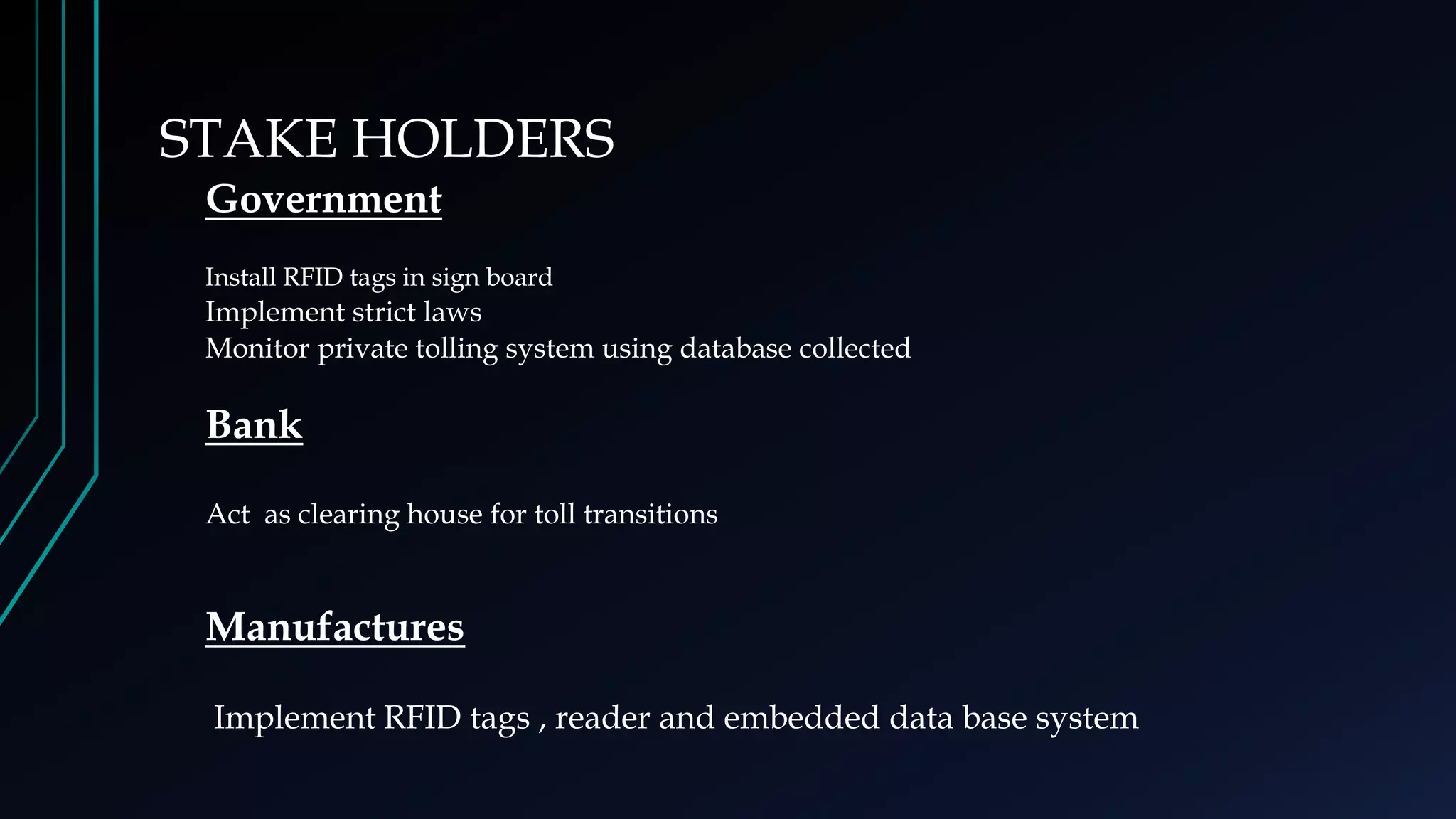 STAKE HOLDERS
Government
Install RFID tags in sign board
Implement strict laws
Monitor private tolling system using database collected
Bank
Act as clearing house for toll transitions
Manufactures
Implement RFID tags , reader and embedded data base system
 