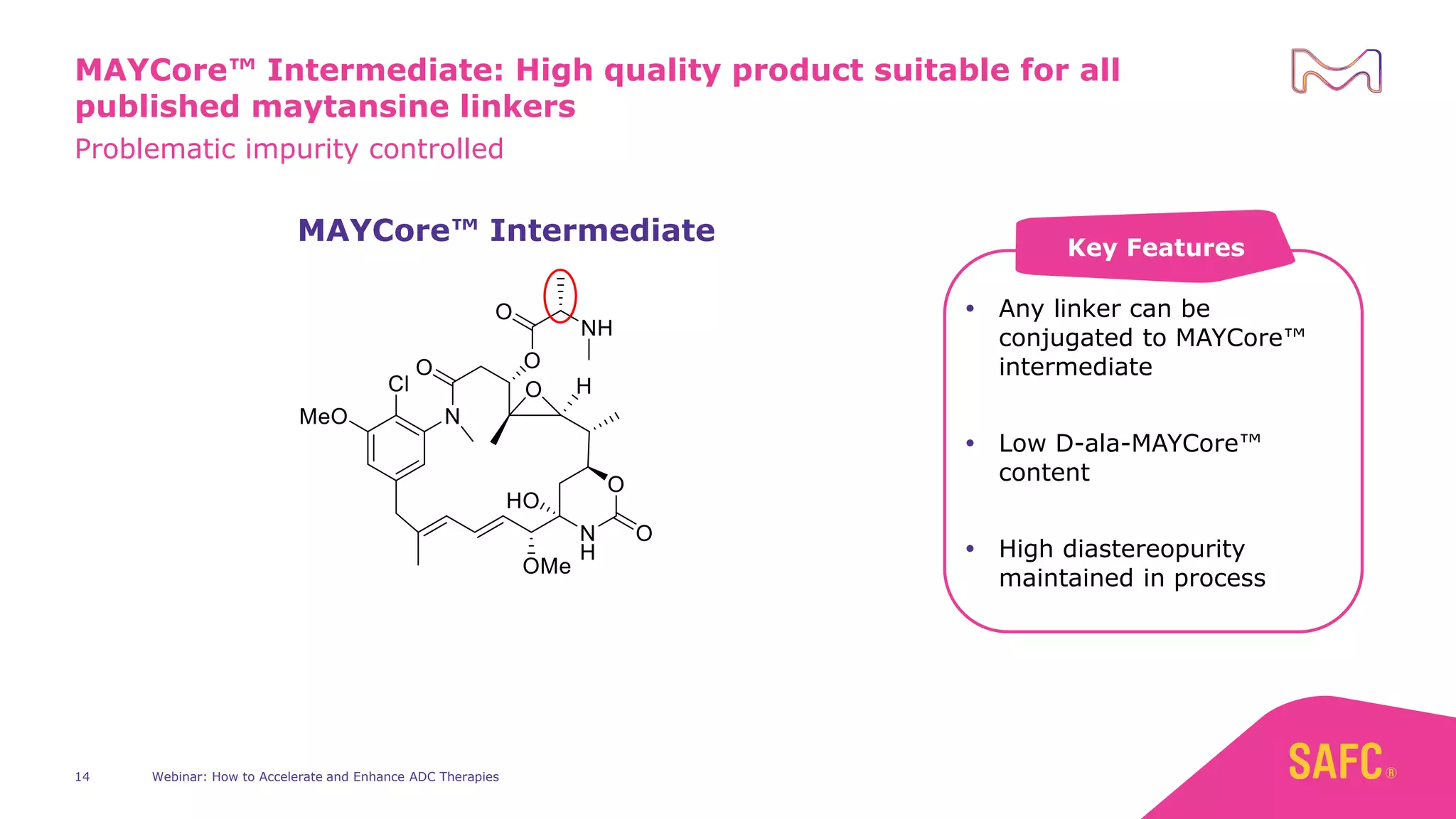 Webinar: How to Accelerate and Enhance ADC Therapies
14
 Any linker can be
conjugated to MAYCore™
intermediate
 Low D-ala-MAYCore™
content
 High diastereopurity
maintained in process
Key Features
MAYCore™ Intermediate
MAYCore™ Intermediate: High quality product suitable for all
published maytansine linkers
Problematic impurity controlled
 