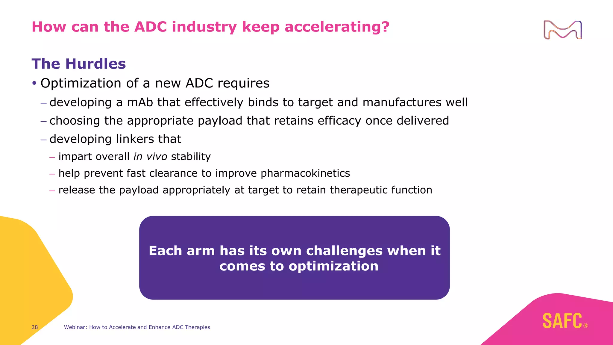 Webinar: How to Accelerate and Enhance ADC Therapies
28
How can the ADC industry keep accelerating?
The Hurdles
 Optimization of a new ADC requires
− developing a mAb that effectively binds to target and manufactures well
− choosing the appropriate payload that retains efficacy once delivered
− developing linkers that
− impart overall in vivo stability
− help prevent fast clearance to improve pharmacokinetics
− release the payload appropriately at target to retain therapeutic function
Each arm has its own challenges when it
comes to optimization
 