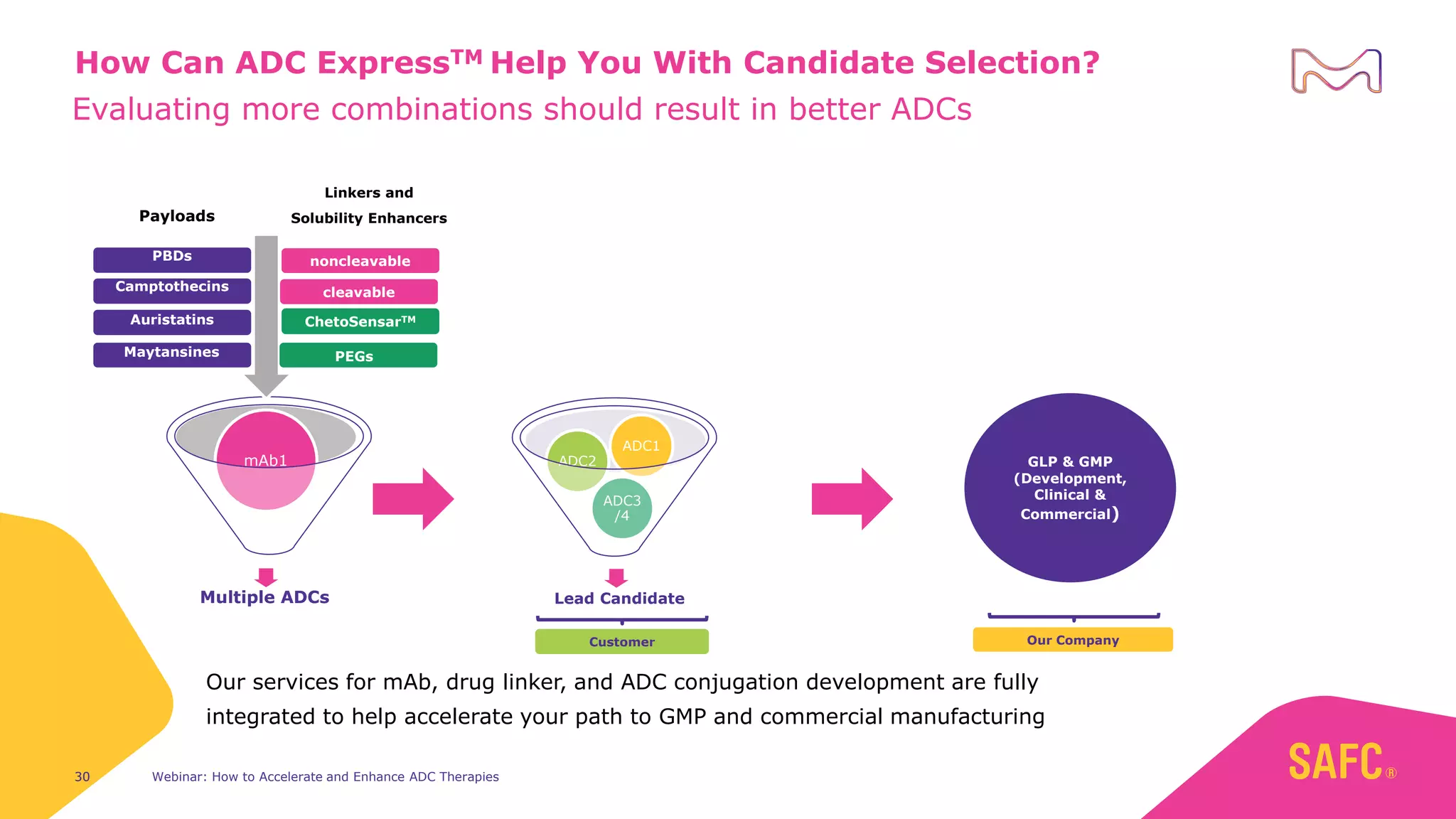 Webinar: How to Accelerate and Enhance ADC Therapies
30
How Can ADC ExpressTM Help You With Candidate Selection?
30
mAb1
Lead Candidate
ADC3
/4
ADC2
ADC1
GLP & GMP
(Development,
Clinical &
Commercial)
Customer Our Company
Multiple ADCs
Our services for mAb, drug linker, and ADC conjugation development are fully
integrated to help accelerate your path to GMP and commercial manufacturing
PBDs
Camptothecins
Auristatins
Maytansines
Payloads
Linkers and
Solubility Enhancers
noncleavable
PEGs
cleavable
ChetoSensarTM
Evaluating more combinations should result in better ADCs
 