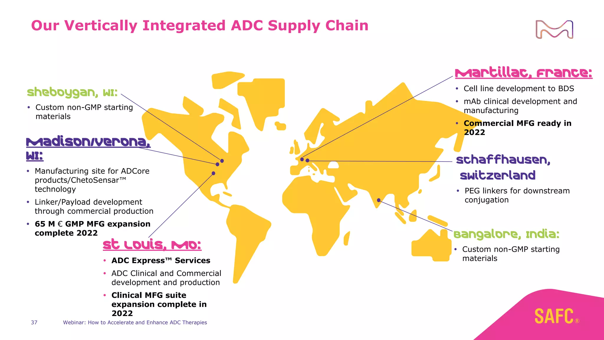 Our Vertically Integrated ADC Supply Chain
St Louis, MO:
 ADC Express™ Services
 ADC Clinical and Commercial
development and production
 Clinical MFG suite
expansion complete in
2022
Madison/Verona,
WI:
 Manufacturing site for ADCore
products/ChetoSensar™
technology
 Linker/Payload development
through commercial production
 65 M € GMP MFG expansion
complete 2022
Martillac, France:
 Cell line development to BDS
 mAb clinical development and
manufacturing
 Commercial MFG ready in
2022
Sheboygan, WI:
 Custom non-GMP starting
materials
Schaffhausen,
Switzerland
 PEG linkers for downstream
conjugation
Bangalore, India:
 Custom non-GMP starting
materials
37 Webinar: How to Accelerate and Enhance ADC Therapies
 