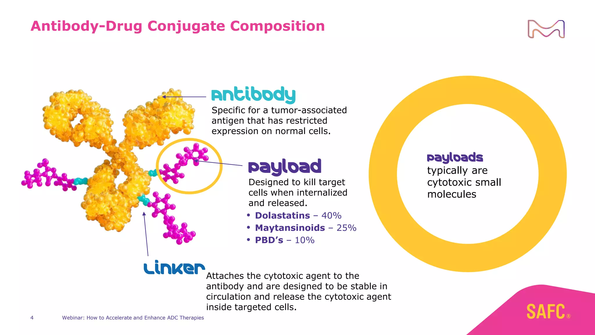 4
Antibody-Drug Conjugate Composition
Specific for a tumor-associated
antigen that has restricted
expression on normal cells.
Designed to kill target
cells when internalized
and released.
Attaches the cytotoxic agent to the
antibody and are designed to be stable in
circulation and release the cytotoxic agent
inside targeted cells.
Payloads
typically are
cytotoxic small
molecules
Antibody
Payload
Linker
 Dolastatins – 40%
 Maytansinoids – 25%
 PBD’s – 10%
Webinar: How to Accelerate and Enhance ADC Therapies
 