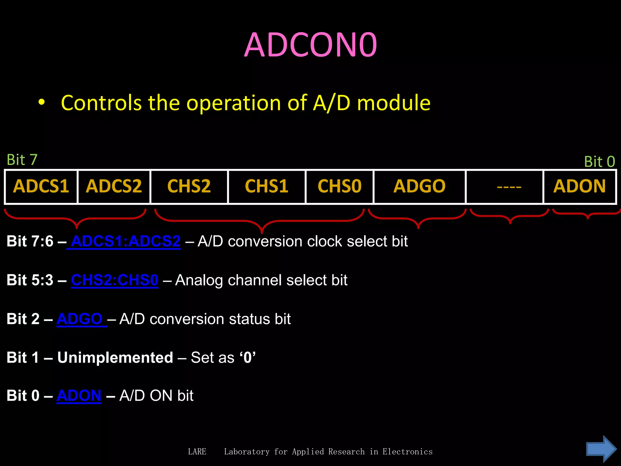 ADCON0
    • Controls the operation of A/D module

Bit 7                                                                                     Bit 0
 ADCS1 ADCS2          CHS2          CHS1            CHS0             ADGO        ----   ADON

Bit 7:6 – ADCS1:ADCS2 – A/D conversion clock select bit

Bit 5:3 – CHS2:CHS0 – Analog channel select bit

Bit 2 – ADGO – A/D conversion status bit

Bit 1 – Unimplemented – Set as ‘0’

Bit 0 – ADON – A/D ON bit


                         LARE   Laboratory for Applied Research in Electronics
 