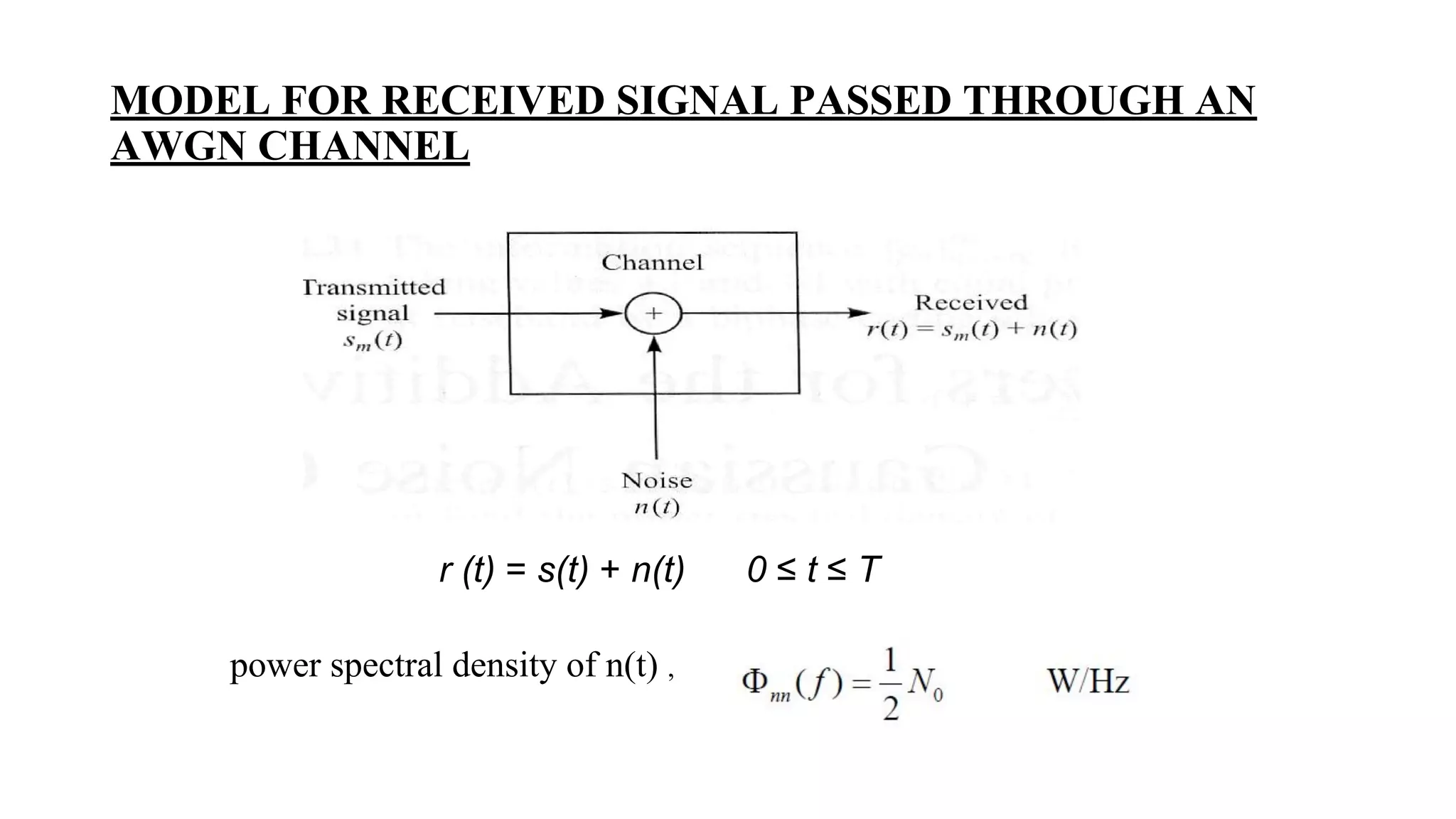 MODEL FOR RECEIVED SIGNAL PASSED THROUGH AN
AWGN CHANNEL
r (t) = s(t) + n(t) 0 ≤ t ≤ T
power spectral density of n(t) ,
 