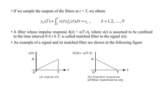 • If we sample the outputs of the filters at t = T, we obtain
• A filter whose impulse response h(t) = s(T–t), where s(t) is assumed to be confined
to the time interval 0 ≤ t ≤ T, is called matched filter to the signal s(t).
• An example of a signal and its matched filter are shown in the following figure
 