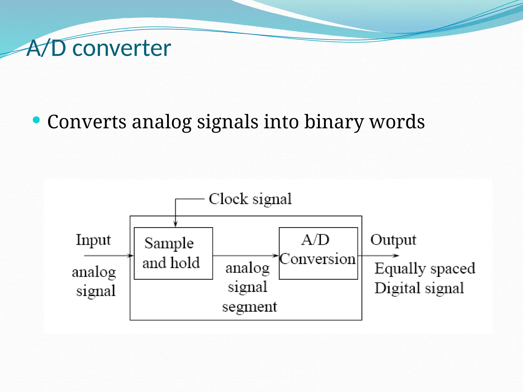 A/D converter
 Converts analog signals into binary words
 