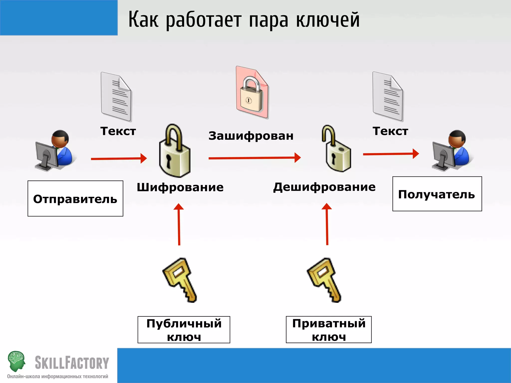 Как работает пара ключей

Текст

Отправитель

Зашифрован

Шифрование

Публичный
ключ

Текст

Дешифрование

Приватный
ключ

Получатель

 