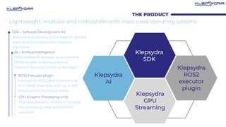Lightweight, modular and compatible with most used operating systems
Worldwide
application
Klepsydra
SDK
Klepsydra
GPU
Str...