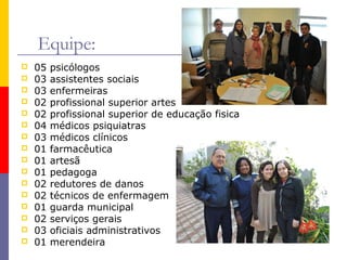 Equipe:

















05
03
03
02
02
04
03
01
01
01
02
02
01
02
03
01

psicólogos
assistentes sociais
enfermeiras
profissional superior artes
profissional superior de educação fisica
médicos psiquiatras
médicos clínicos
farmacêutica
artesã
pedagoga
redutores de danos
técnicos de enfermagem
guarda municipal
serviços gerais
oficiais administrativos
merendeira

 