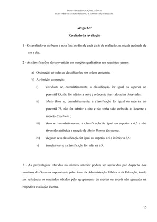 MINISTÉRIO DA EDUCAÇÃO E CIÊNCIA
                         SECRETARIA DE ESTADO DO ENSINO E ADMINISTRAÇÃO ESCOLAR




                                             Artigo 22.º

                                     Resultado da Avaliação


1 – Os avaliadores atribuem a nota final no fim de cada ciclo de avaliação, na escala graduada de

    um a dez.


2 – As classificações são convertidas em menções qualitativas nos seguintes termos:


       a) Ordenação de todas as classificações por ordem crescente;

       b) Atribuição da menção:

           i)     Excelente se, cumulativamente, a classificação for igual ou superior ao

                  percentil 95, não for inferior a nove e o docente tiver tido aulas observadas;

           ii)    Muito Bom se, cumulativamente, a classificação for igual ou superior ao

                  percentil 75, não for inferior a oito e não tenha sido atribuída ao docente a

                  menção Excelente ;

           iii)   Bom se, cumulativamente, a classificação for igual ou superior a 6,5 e não

                  tiver sido atribuída a menção de Muito Bom ou Excelente;

           iv)    Regular se a classificação for igual ou superior a 5 e inferior a 6,5;

           v)     Insuficiente se a classificação for inferior a 5.




3 - As percentagens referidas no número anterior podem ser acrescidas por despacho dos

membros do Governo responsáveis pelas áreas da Administração Pública e da Educação, tendo

por referência os resultados obtidos pelo agrupamento de escolas ou escola não agrupada na

respectiva avaliação externa.




                                                                                                   10
 
