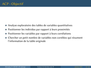 ACP : Objectif
Analyse exploratoire des tables de variables quantitatives
Positionner les individus par rapport à leurs proximités
Positionner les variables par rapport à leurs corrélations
Chercher un petit nombre de variables non corrélées qui résument
l’information de la table originale
Ahmadou H. DICKO (R meetup) Analyse de données avec R Janvier 2014 16 / 66
 