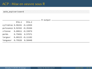 ACP : Mise en oeuvre sous R
auto_acp$var$coord
R output
Dim.1 Dim.2
cylindree 0.96241 -0.12694
puissance 0.92332 -0.35266
vitesse 0.88611 -0.33874
poids 0.75691 0.57571
largeur 0.80123 -0.11102
longueur 0.79526 0.50440
Ahmadou H. DICKO (R meetup) Analyse de données avec R Janvier 2014 24 / 66
 