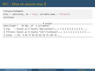 AFC : Mise en oeuvre sous R
library(reshape2)
nice <- melt(nice, id = "csp", variable.name = "filiere")
str(nice)
R output
'data.frame': 36 obs. of 3 variables:
$ csp : Factor w/ 6 levels "Agriculteur",..: 1 4 2 6 3 5 1 4 2 6 ...
$ filiere: Factor w/ 6 levels "iut","sciences",..: 1 1 1 1 1 1 2 2 2 2 ...
$ value : int 9 66 77 50 52 55 35 72 139 78 ...
Ahmadou H. DICKO (R meetup) Analyse de données avec R Janvier 2014 31 / 66
 