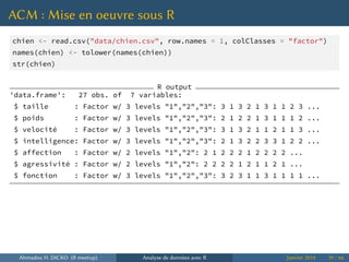 ACM : Mise en oeuvre sous R
chien <- read.csv("data/chien.csv", row.names = 1, colClasses = "factor")
names(chien) <- tolower(names(chien))
str(chien)
R output
'data.frame': 27 obs. of 7 variables:
$ taille : Factor w/ 3 levels "1","2","3": 3 1 3 2 1 3 1 1 2 3 ...
$ poids : Factor w/ 3 levels "1","2","3": 2 1 2 2 1 3 1 1 1 2 ...
$ velocité : Factor w/ 3 levels "1","2","3": 3 1 3 2 1 1 2 1 1 3 ...
$ intelligence: Factor w/ 3 levels "1","2","3": 2 1 3 2 2 3 3 1 2 2 ...
$ affection : Factor w/ 2 levels "1","2": 2 1 2 2 2 1 2 2 2 2 ...
$ agressivité : Factor w/ 2 levels "1","2": 2 2 2 2 1 2 1 1 2 1 ...
$ fonction : Factor w/ 3 levels "1","2","3": 3 2 3 1 1 3 1 1 1 1 ...
Ahmadou H. DICKO (R meetup) Analyse de données avec R Janvier 2014 39 / 66
 