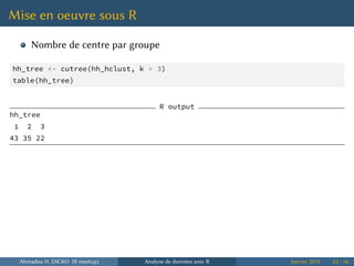 Mise en oeuvre sous R
Nombre de centre par groupe
hh_tree <- cutree(hh_hclust, k = 3)
table(hh_tree)
R output
hh_tree
1 2 3
43 35 22
Ahmadou H. DICKO (R meetup) Analyse de données avec R Janvier 2014 62 / 66
 