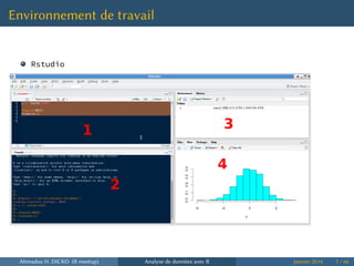 Environnement de travail
Rstudio
1
2
3
4
Ahmadou H. DICKO (R meetup) Analyse de données avec R Janvier 2014 7 / 66
 
