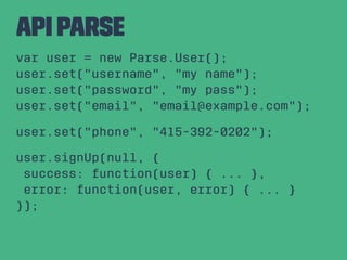 API Parse
var user = new Parse.User();
user.set("username", "my name");
user.set("password", "my pass");
user.set("email", "email@example.com");
user.set("phone", "415-392-0202");
user.signUp(null, {
success: function(user) { ... },
error: function(user, error) { ... }
});
 