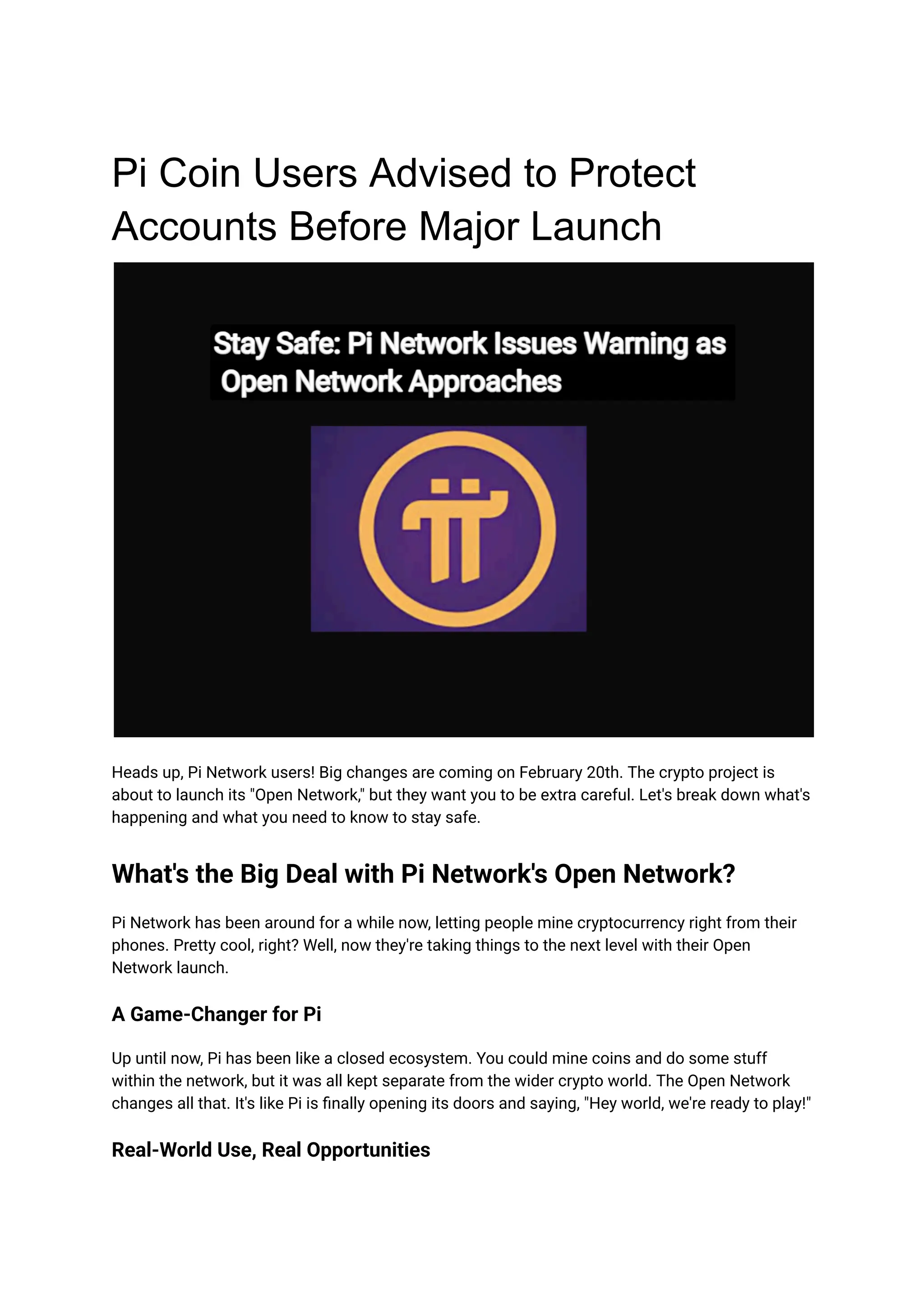Pi Coin Users Advised to Protect Accounts Before Major Launch | PDF