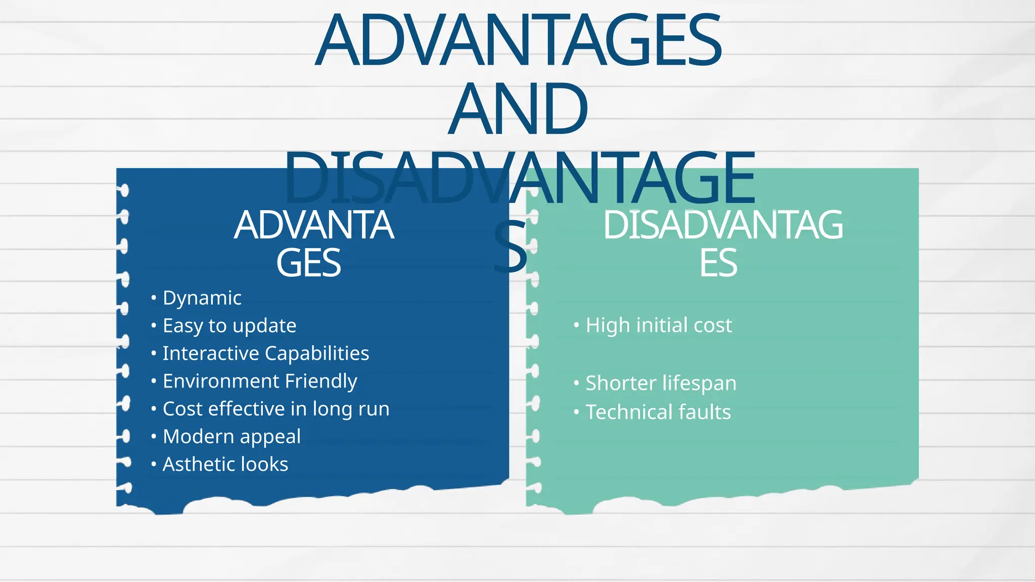 ADVANTAGES
AND
DISADVANTAGE
S
ADVANTA
GES
• Dynamic
• Easy to update
• Interactive Capabilities
• Environment Friendly
• Cost effective in long run
• Modern appeal
• Asthetic looks
DISADVANTAG
ES
• High initial cost
• Shorter lifespan
• Technical faults
 