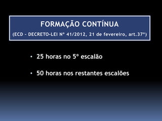 FORMAÇÃO CONTÍNUA
(ECD – DECRETO-LEI Nº 41/2012, 21 de fevereiro, art.37º)




       • 25 horas no 5º escalão

       • 50 horas nos restantes escalões
 