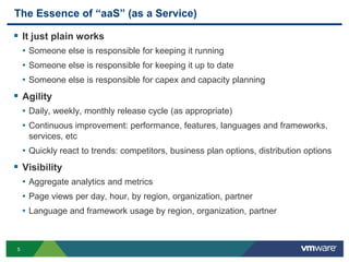 The Essence of “aaS” (as a Service)It just plain worksSomeone else is responsible for keeping it runningSomeone else is responsible for keeping it up to dateSomeone else is responsible for capex and capacity planningAgilityDaily, weekly, monthly release cycle (as appropriate)Continuous improvement: performance, features, languages and frameworks, services, etcQuickly react to trends: competitors, business plan options, distribution optionsVisibilityAggregate analytics and metricsPage views per day, hour, by region, organization, partnerLanguage and framework usage by region, organization, partner