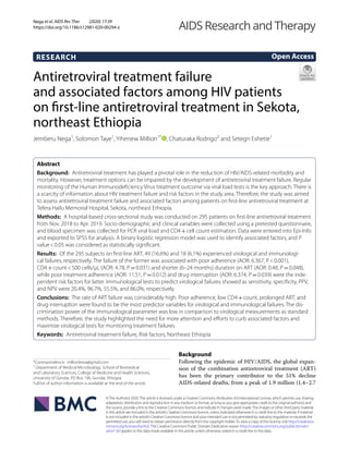 Nega et al. AIDS Res Ther (2020) 17:39
https://doi.org/10.1186/s12981-020-00294-z
RESEARCH
Antiretroviral treatment failure
and associated factors among HIV patients
on first‑line antiretroviral treatment in Sekota,
northeast Ethiopia
Jemberu Nega1
, Solomon Taye1
, Yihenew Million1*
  , Chaturaka Rodrigo2
and Setegn Eshetie1
Abstract 
Background:  Antiretroviral treatment has played a pivotal role in the reduction of HIV/AIDS-related morbidity and
mortality. However, treatment options can be impaired by the development of antiretroviral treatment failure. Regular
monitoring of the Human Immunodeficiency Virus treatment outcome via viral load tests is the key approach. There is
a scarcity of information about HIV treatment failure and risk factors in the study area. Therefore, the study was aimed
to assess antiretroviral treatment failure and associated factors among patients on first-line antiretroviral treatment at
Tefera Hailu Memorial Hospital, Sekota, northeast Ethiopia.
Methods:  A hospital-based cross-sectional study was conducted on 295 patients on first-line antiretroviral treatment
from Nov. 2018 to Apr. 2019. Socio-demographic and clinical variables were collected using a pretested questionnaire,
and blood specimen was collected for PCR viral load and CD4 + cell count estimation. Data were entered into Epi-Info
and exported to SPSS for analysis. A binary logistic regression model was used to identify associated factors, and P
value < 0.05 was considered as statistically significant.
Results:  Of the 295 subjects on first-line ART, 49 (16.6%) and 18 (6.1%) experienced virological and immunologi-
cal failures, respectively. The failure of the former was associated with poor adherence (AOR: 6.367, P < 0.001),
CD4 + count < 500 cells/µL (AOR: 4.78, P = 0.031) and shorter (6–24 months) duration on ART (AOR: 0.48, P = 0.048),
while poor treatment adherence (AOR: 11.51, P = 0.012) and drug interruption (AOR: 6.374, P = 0.039) were the inde-
pendent risk factors for latter. Immunological tests to predict virological failures showed as sensitivity, specificity, PPV,
and NPV were 20.4%, 96.7%, 55.5%, and 86.0%, respectively.
Conclusions:  The rate of ART failure was considerably high. Poor adherence, low CD4 + count, prolonged ART, and
drug interruption were found to be the most predictor variables for virological and immunological failures. The dis-
crimination power of the immunological parameter was low in comparison to virological measurements as standard
methods. Therefore, the study highlighted the need for more attention and efforts to curb associated factors and
maximize virological tests for monitoring treatment failures.
Keywords:  Antiretroviral treatment failure, Risk factors, Northeast Ethiopia
©The Author(s) 2020.This article is licensed under a Creative Commons Attribution 4.0 International License, which permits use, sharing,
adaptation, distribution and reproduction in any medium or format, as long as you give appropriate credit to the original author(s) and
the source, provide a link to the Creative Commons licence, and indicate if changes were made.The images or other third party material
in this article are included in the article’s Creative Commons licence, unless indicated otherwise in a credit line to the material. If material
is not included in the article’s Creative Commons licence and your intended use is not permitted by statutory regulation or exceeds the
permitted use, you will need to obtain permission directly from the copyright holder.To view a copy of this licence, visit http://creat​iveco​
mmons​.org/licen​ses/by/4.0/.The Creative Commons Public Domain Dedication waiver (http://creat​iveco​mmons​.org/publi​cdoma​in/
zero/1.0/) applies to the data made available in this article, unless otherwise stated in a credit line to the data.
Background
Following the epidemic of HIV/AIDS, the global expan-
sion of the combination antiretroviral treatment (ART)
has been the primary contributor to the 51% decline
AIDS-related deaths, from a peak of 1.9 million (1.4–2.7
Open Access
AIDS Research and Therapy
*Correspondence: millionbeza@gmail.com
1
Department of Medical Microbiology, School of Biomedical
and Laboratory Sciences, College of Medicine and Health Sciences,
University of Gondar, PO Box 196, Gondar, Ethiopia
Full list of author information is available at the end of the article
 