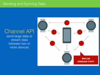 Sending and Syncing Data
Channel API
send large data or
stream data
between two or
more devices
 