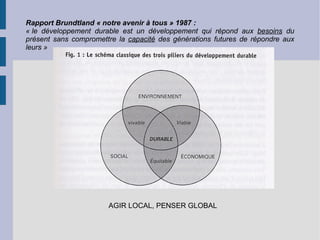 Rapport Brundtland « notre avenir à tous » 1987 : « le développement durable est un développement qui répond aux  besoins  du présent sans compromettre la  capacité  des générations futures de répondre aux leurs » AGIR LOCAL, PENSER GLOBAL 