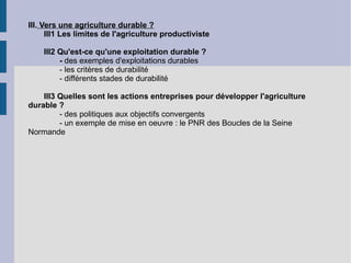 III.  Vers une agriculture durable ? III1 Les limites de l'agriculture productiviste III2 Qu'est-ce qu'une exploitation durable ? -  des exemples d'exploitations durables - les critères de durabilité - différents stades de durabilité III3 Quelles sont les actions entreprises pour développer l'agriculture durable ? - des politiques aux objectifs convergents - un exemple de mise en oeuvre : le PNR des Boucles de la Seine Normande 