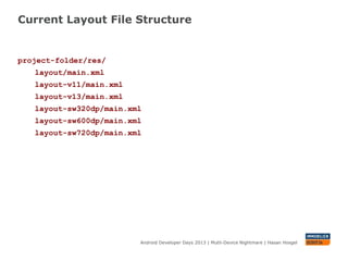 Current Layout File Structure
Android Developer Days 2013 | Mutli-Device Nightmare | Hasan Hosgel
project-folder/res/
layout/main.xml
layout-v11/main.xml
layout-v13/main.xml
layout-sw320dp/main.xml
layout-sw600dp/main.xml
layout-sw720dp/main.xml
 