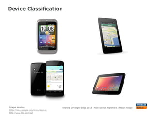 Device Classification
Android Developer Days 2013 | Mutli-Device Nightmare | Hasan HosgelImages sources:
https://play.google.com/store/devices
http://www.htc.com/de/
 