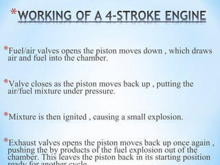 *Fuel/air valves opens the piston moves down , which draws
air and fuel into the chamber.
*Valve closes as the piston moves back up , putting the
air/fuel mixture under pressure.
*Mixture is then ignited , causing a small explosion.
*Exhaust valves opens the piston moves back up once again ,
pushing the by products of the fuel explosion out of the
chamber. This leaves the piston back in its starting position
 