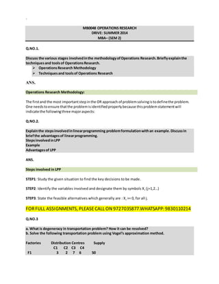 `
MB0048 OPERATIONS RESEARCH
DRIVE: SUMMER 2014
MBA– (SEM 2)
Q.NO.1.
Discuss the various stages involvedinthe methodologyofOperations Research.Brieflyexplainthe
techniquesand toolsof OperationsResearch.
 OperationsResearch Methodology
 Techniquesand toolsof Operations Research
ANS.
Operations Research Methodology:
The firstand the most importantstepinthe OR approach of problemsolvingistodefinethe problem.
One needstoensure thatthe problemisidentifiedproperlybecause thisproblemstatementwill
indicate the followingthree majoraspects:
Q.NO.2.
Explainthe stepsinvolvedinlinearprogramming problemformulationwithan example.Discussin
briefthe advantagesof linearprogramming.
StepsinvolvedinLPP
Example
Advantagesof LPP
ANS.
Steps involved in LPP
STEP1: Study the given situation to find the key decisions to be made.
STEP2: Identify the variables involved and designate them by symbols Xj (j=1,2…)
STEP3: State the feasible alternatives which generally are : Xj >= 0, for all j.
FORFULL ASSIGNMENTS, PLEASECALL ON 9727035877.WHATSAPP: 9830110214
Q.NO.3
a. What is degeneracy in transportation problem? How it can be resolved?
b. Solve the following transportation problem using Vogel’s approximation method.
Factories Distribution Centres Supply
C1 C2 C3 C4
F1 3 2 7 6 50
 
