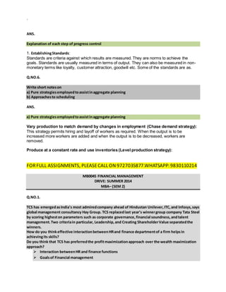 `
ANS.
Explanation of each step of progress control
1. EstablishingStandards:
Standards are criteria against which results are measured. They are norms to achieve the
goals. Standards are usually measured in terms of output. They can also be measured in non-
monetary terms like loyalty, customer attraction, goodwill etc. Some of the standards are as.
Q.NO.6.
Write short noteson
a) Pure strategiesemployedtoassistinaggregate planning
b) Approachesto scheduling
ANS.
a) Pure strategiesemployedtoassistinaggregate planning
Vary production to match demand by changes in employment (Chase demand strategy):
This strategy permits hiring and layoff of workers as required. When the output is to be
increased more workers are added and when the output is to be decreased, workers are
removed.

Produce at a constant rate and use inventories (Level production strategy):
FORFULL ASSIGNMENTS, PLEASECALL ON 9727035877.WHATSAPP: 9830110214
MB0045 FINANCIAL MANAGEMENT
DRIVE: SUMMER 2014
MBA– (SEM 2)
Q.NO.1.
TCS has emergedasIndia's most admiredcompany ahead of Hindustan Unilever,ITC,and Infosys,says
global management consultancy Hay Group. TCS replacedlast year's winnergroup company Tata Steel
by scoring higheston parameters such as corporate governance,financial soundness,andtalent
management.Two criteriain particular, Leadership,and Creating ShareholderValue separatedthe
winners.
How do you thinkeffective interactionbetweenHRand finance departmentof a firm helpsin
achievingits skills?
Do you think that TCS has preferredthe profitmaximizationapproach over the wealth maximization
approach?
 Interaction betweenHR and finance functions
 Goalsof Financial management
 