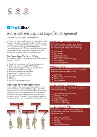 Endpoint   Authentifi-   Infrastruktur-
 Security    zierung         dienste




                                      TM




Authentifizierung und Zugriffsmanagement
mit Security-Lösungen von PortWise
In Zeiten von Identitätsdiebstahl und e-Spionage schafft          PortWise Access Management
PortWise Sicherheit. Lösungen wie der PortWise Access
                                                                   Der PortWise Access Manager steht für einen
Manager oder PortWise TruID garantieren die Integrität
                                                                   sicheren, einfachen und kosteneffizienten
von IT-Systemen. Die Zugriffe von Mitarbeitern,
                                                                   Applikationszugriff via SSL VPN-Technologie.
Geschäftspartnern und Kunden auf Unternehmensdaten
und –anwendungen werden optimal gesichert – der
                                                                       Web Access
Missbrauch kritischer Daten ist ausgeschlossen.
                                                                       Port Access
                                                                       Network Access
Die Grundlage für Ihren Erfolg                                         Endpoint-Integrität
Mit PortWise geben Sie Ihren Kunden weit mehr als nur                  Mehr-Faktor-Authentifizierung
ein gutes Gefühl.                                                      Single Sign-on
                                                                       Policy Management
1. Integriertes Identitäts- und Access Management
2. Softwarebasierte Lösung mit Multifaktor-
   Authentifizierung für PC, Handy, Pager und PDA                 PortWise TruID
3. Mehr-Faktor Authentifizierung                                   Mehr-Faktor-Authentifizierung ohne die komplexe
4. Automatisches User-Management                                   Bereitstellung von Hardware-Token.
5. Keine teuren Hardware Token
6. In real-time skalierbares System                                    Soft Token
7. SSL VPN                                                             Mehr-Faktor-Authentifizierung
8. Clientless                                                          Mobile Text
9. Starke, weltweite Referenzen                                        Web Password

Vielfältige Anwendungsbereiche                                    PortWise Virtual Appliance
In der mobilen Informationsgesellschaft kommt dem
                                                                   Grundinstallation der Portwise-Software in einer
Schutz von Daten eine neue Bedeutung zu. Das Risiko
                                                                   virtuellen Umgebung.
steigt, je mehr Mitarbeiter in einer Organisation mobile
Endgeräte nutzen. PortWise richtet sich insbesondere
                                                                       Mehr-Faktor-Authentifizierung
an Kunden, die eine starke Authentifizierungslösung
                                                                       Clientless SSL VPN
benötigen, wie z. B. Banken, Versicherungen, staatliche
                                                                       Single Sign-on
Institutionen. Hier nur einige der Anwendungsbereiche:
                                                                       Endpoint-Security
                                                                       Policy Management
                                                                       Audit und Reporting
      Geschäftspartner                     Außendienst

                                                                  PortWise Mobile Office
                                                                   Bequemer und sicherer Echtzeit-Zugriff auf
Home-Office               Mobile Endgeräte           Management    Unternehmensdaten und -anwendungen mit
                                                                   mobilen Geräten

                                                                       Real-time Push Mail
                                                                       Einfache Administration
                                                                       Clientless
                                                                       SSL Proxy
                                                                       Flexible Lizenzierung
 